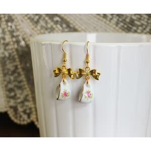 Handmade Pink Floral Porcelain Teacup Gold Earrings with Bows
